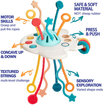 Baby Toys 6 to 12 Months, 5 In 1 Montessori Toys for 1 Year Old, Incl Travel Pull String Toy & Rattle Teether & Stacking Baby Block & Soft Infant Ring & Sensory Ball for Toddler 0-3-6-9-12 Month