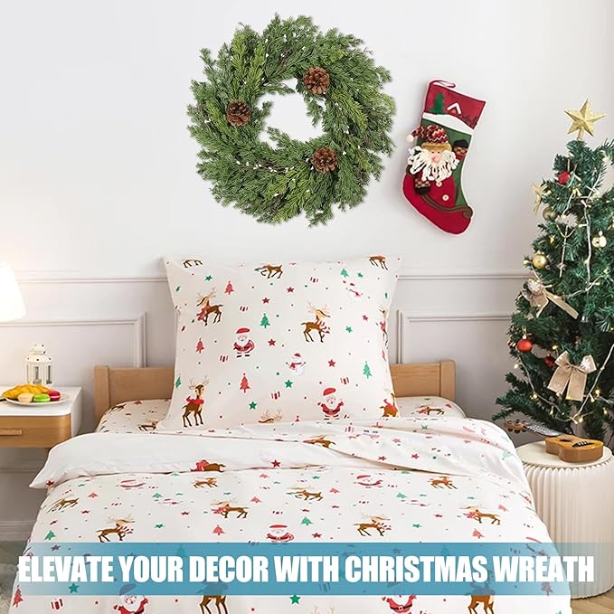 Artgar 24 Inch Christmas Cypress Wreath, Christmas Wreath for Front Door, Real Touch Pine Wreath Artificial Green Cedar Wreaths with Pine Cones for Wall Window Porch Indoor Outdoor Winter Decor