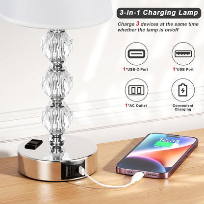Acaxin 14.6'' Bedside Lamps for bedrooms Set of 2 - Mini Crystal Table Lamps with USB A+C Charging Ports and AC Outlet, 3 Way Dimmable Touch Control Silver Bed Side Nightstand Lamp