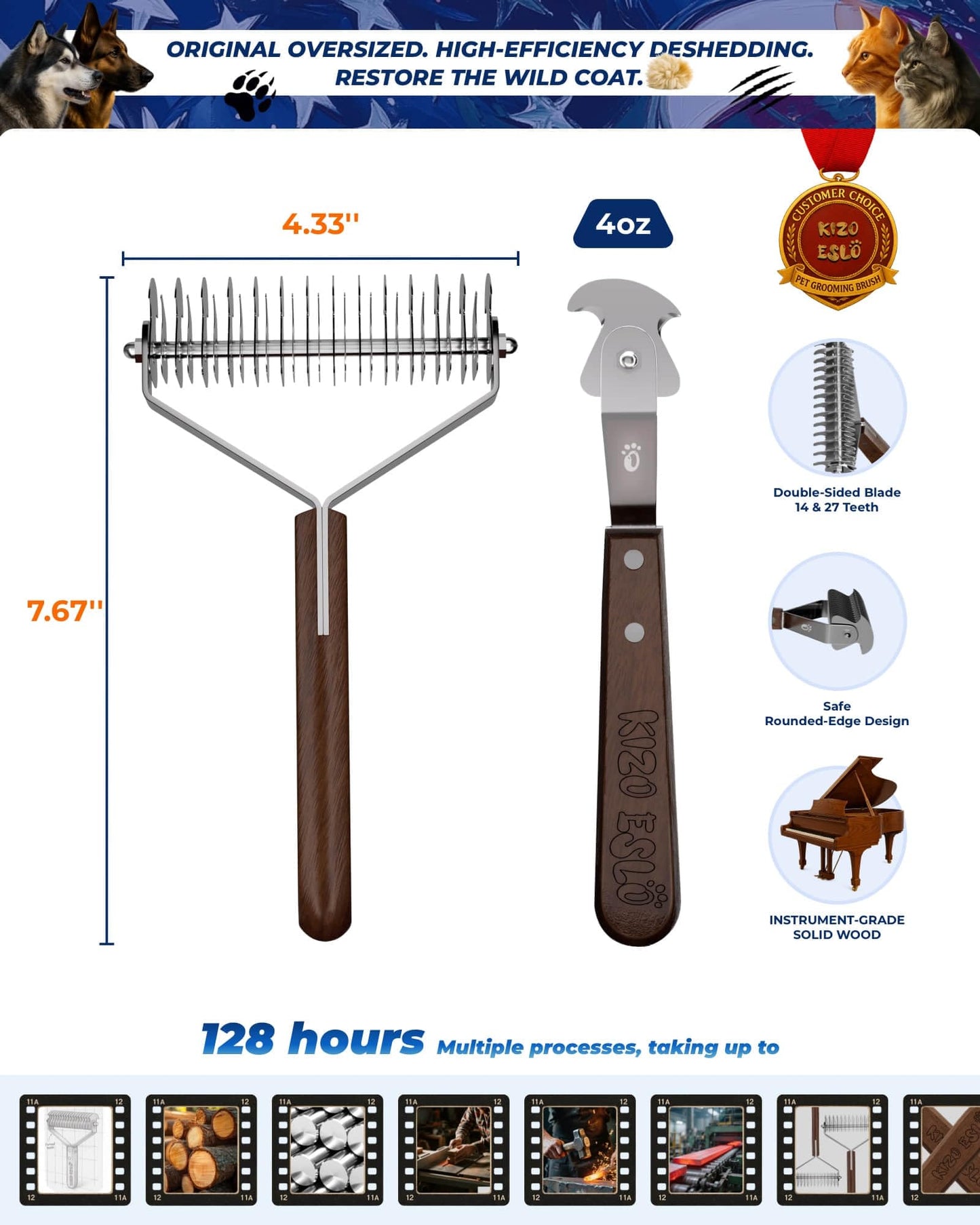 Extra Large 2-Sided Undercoat Rake for Dogs & Cats, Dog Brush for Shedding Remove Mats, Dematting Comb, Safe & Gentle Grooming Brush for German Shepherds Medium to Long-Haired Pets (Walnut Handle)