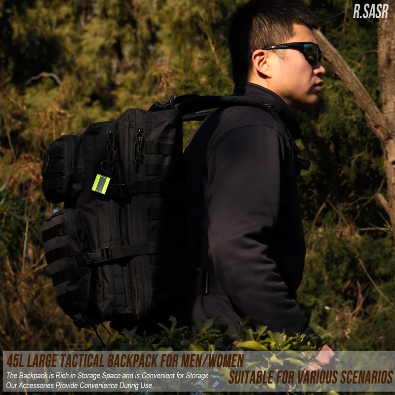 R.SASR 45L Black Tactical Backpack Military Assault Pack, MOLLE System Large 3 Day Bug Out Bag for Men Women Hiking Camping(Black-01)