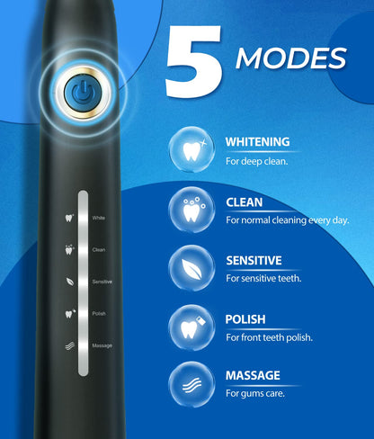 Electric Toothbrush, Sonic Toothbrushes with 8 Brush Heads 40000 VPM 5 Modes, Sonic Toothbrushes Fast Charge 4 Hours Last 30 Days, Rechargeable Electric Toothbrush for Adult (Black)