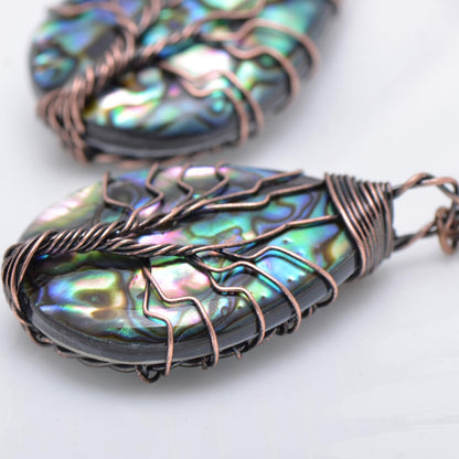 Handmade Teardrop Abalone Shell Dangle Earrings for Women, Wire Craft Tree of Life Earrings