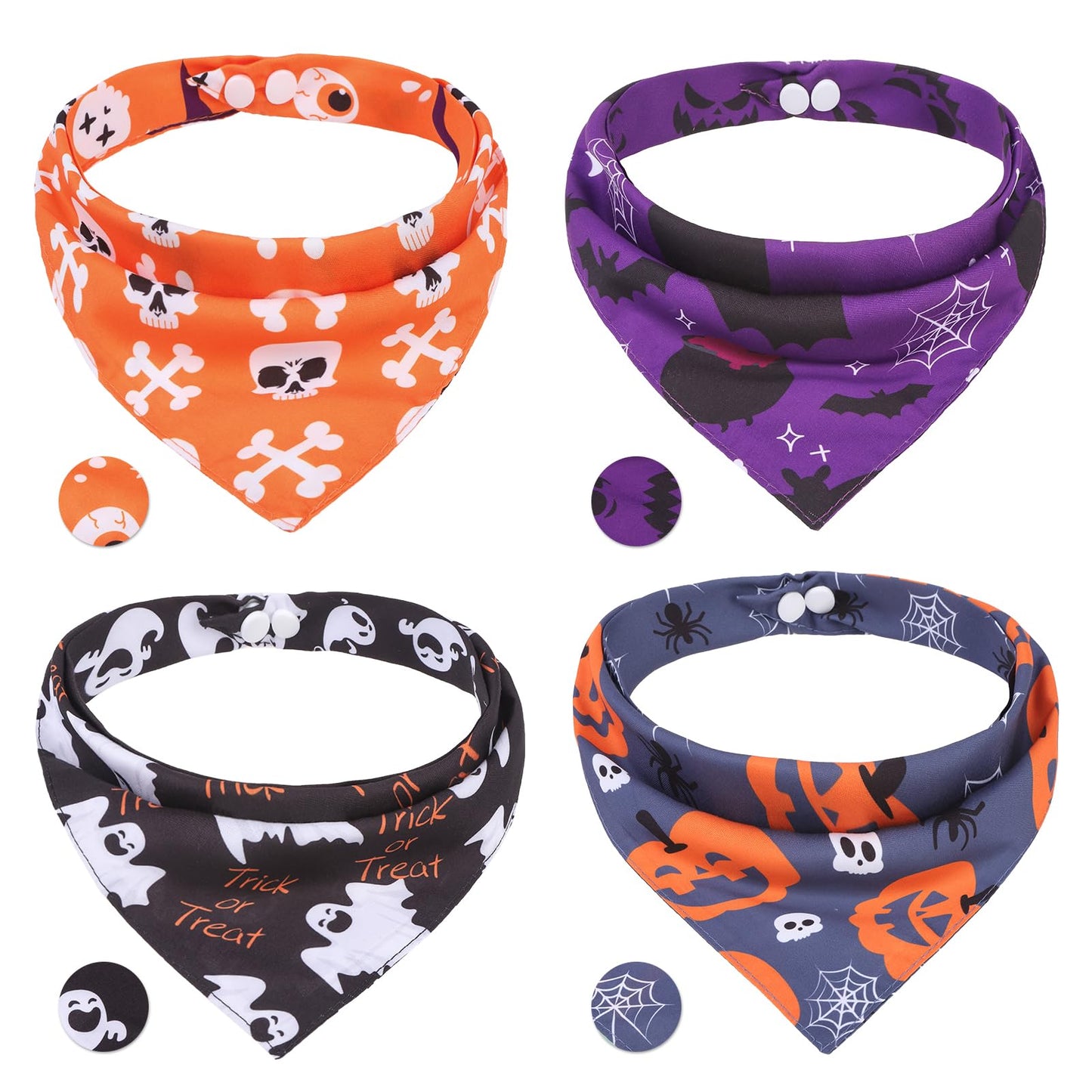 PAWCHIE Halloween Bandanas 4 Pack, Reversible Pumpkin Dog Scarf Bibs, Dog Holiday Costume Set with Two Adjustable Snaps, Multiple Halloween-Themed Patterns for Puppy, Cats, Pets