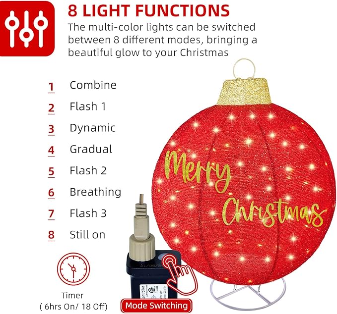 HOYECHI 3pc Lighted Pop-Up Outdoor Christmas Ornament Set – Holiday Ball Decorations with 290 LED Lights, 8 Lighting Modes, for Yard & Outdoor Christmas Decor - Red/Green/Gold