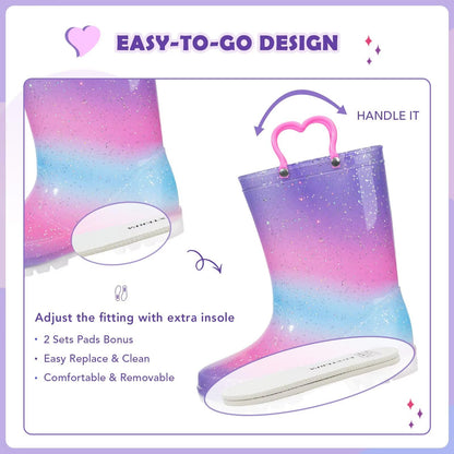 EUXTERPA Light Up Wellies for Boys Girls, Girl Gradient Kids Welly Boots Children Wellingtons Waterproof Boots with Handle Size 10 UK Child