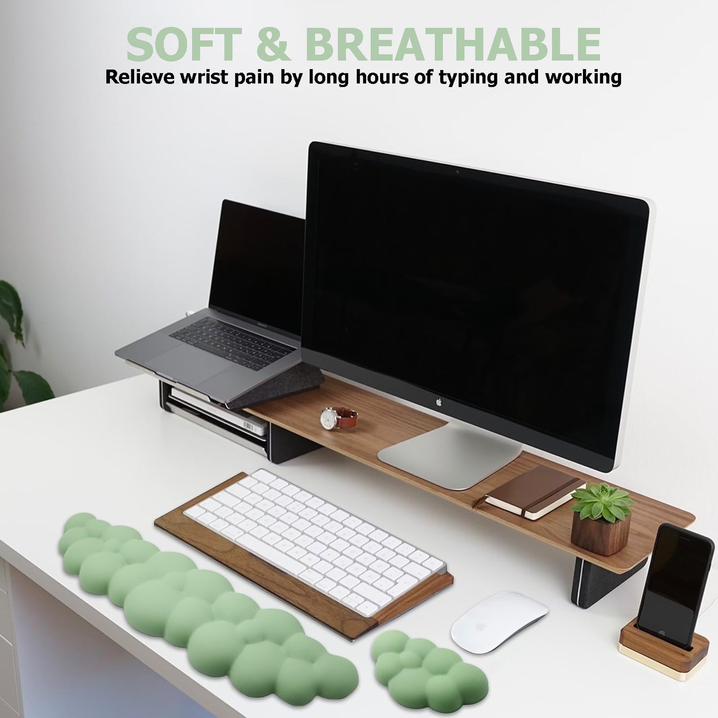 Cloud Wrist Rest Keyboard, PU Leather Memory Foam Wrist Rest for Computer Keyboard, Ergonomic Keyboard Wrist Rest and Cute Mouse Wrist Rest for Gaming,Office,Computer,Typing Pain Relief,Pastel Green