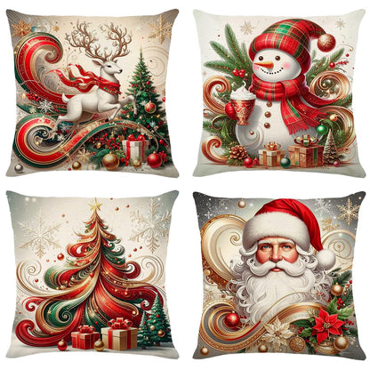 Harraca Christmas Throw Pillow Covers 18x18 Set of 4 Winter Holiday Decorative Pillowcase Reindeer Snowman Christmas Tree Santa Farmhouse Home Decor for Sofa Couch Cushion
