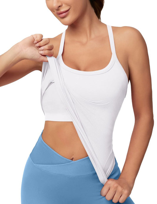 MathCat Workout Tank Tops for Women with Built in Bra, Sleeveless Gym Tops Seamless Racerback Athletic Yoga Shirts White