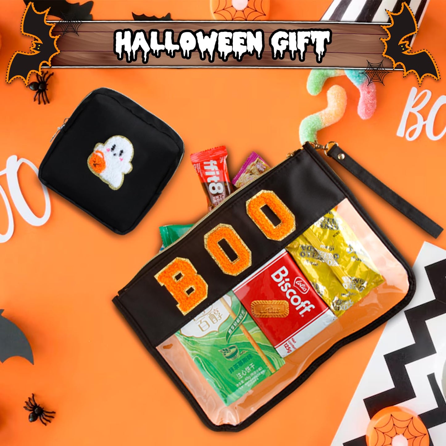 BuyCard 2 Pcs Halloween Gifts Cosmetic Makeup Bag with Boo Chenille Letter Patch, Clear Pouch PVC Organizer Purse, Waterproof Travel Bag, Portable Toiletry Storage Bag for Her Girls Friends Women