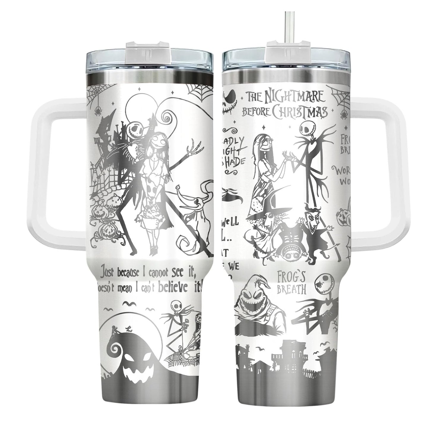 GEPOSTORE Spooky Christmas Tumbler – 40 oz Laser Stainless Steel Mug with Handle – Nightmare Halloween Movie Cup Gift for Fans of Dark Romance, Birthdays & Holidays