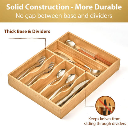 Umilife Bamboo Kitchen Drawer Organizer, 13 Inch Silverware Utensil Tray Holder, Extra Deep Grooved Drawer Divider, 7 Slots Total Bamboo Wood Caddy for Flatware Cutlery Knives, Forks, Spoons