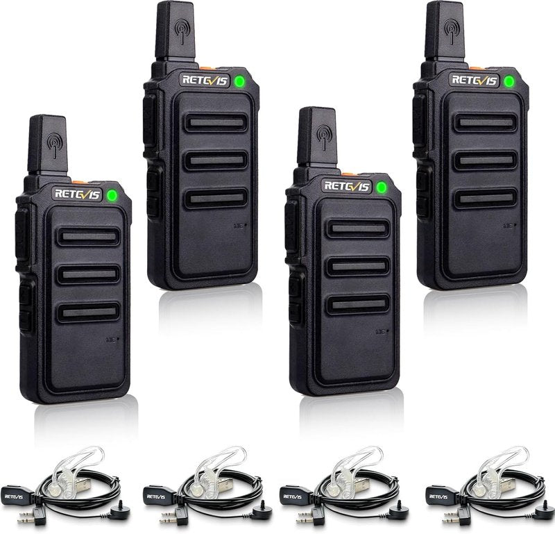 Retevis RT19 Walkie Talkie - Long Range 2 Way Radio with Earpiece & Mic | Compact Mini Design for Outdoor Use (4 Pack)