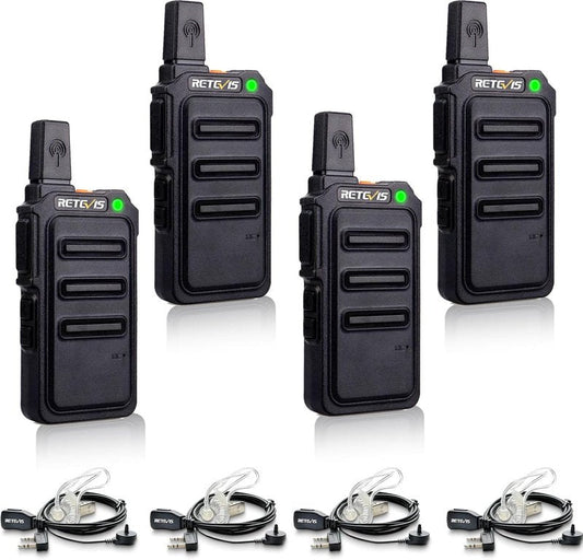 Retevis RT19 Walkie Talkie - Long Range 2 Way Radio with Earpiece & Mic | Compact Mini Design for Outdoor Use (4 Pack)