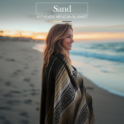 Authentic Large Handwoven Mexican Blanket - Soft Yoga Blankets - Durable Serape - Lightweight Falsa Blanket, Beach, Camping, Picnic, Equestrian Saddle, Outdoor Blankets 70"x50" - Sand