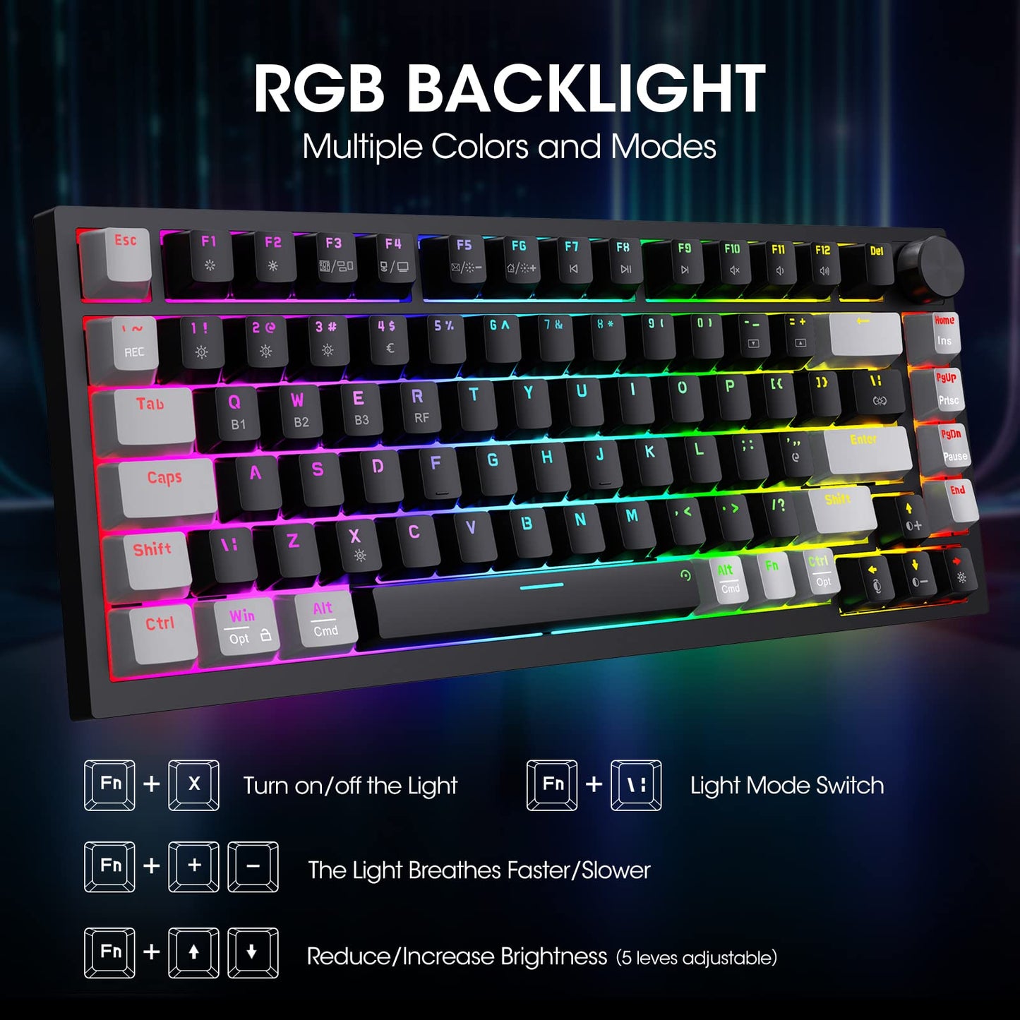 KOORUI Gaming Keyboards, 26 RGB Backlit Mechanical Keyboard Wireless/Wired Compatible Bluetooth 82 Keys Rechargeable 4000mAh Battery UK Layout with Red Switch Gamer Keyboards for Windows MacOS Linux