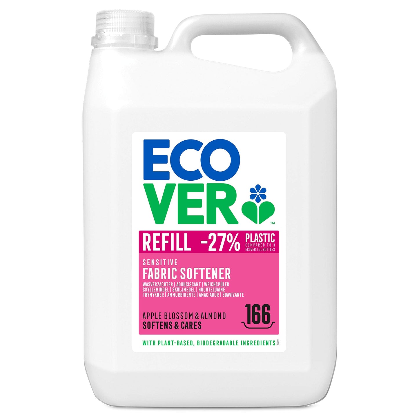 Ecover Fabric Softener Refill, Fabric Conditioner to Soften Your Clothes, Fresh Apple Blossom & Almond Scent 1 x 166 Washes, 1 x 5L