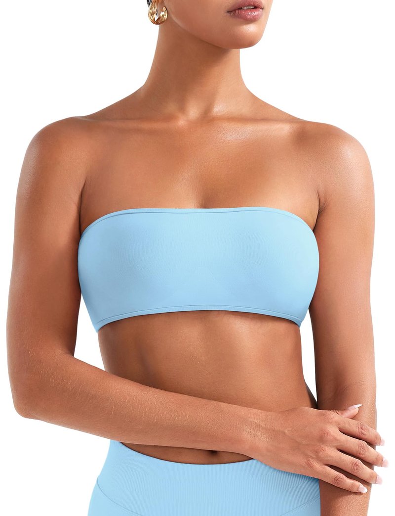 VOYJOY Impact Backless Bandeau Bra Workout Strapless Basic Tank Top Adjustable Back Bandeau Shirts Summer Going Out Tops Ice Blue