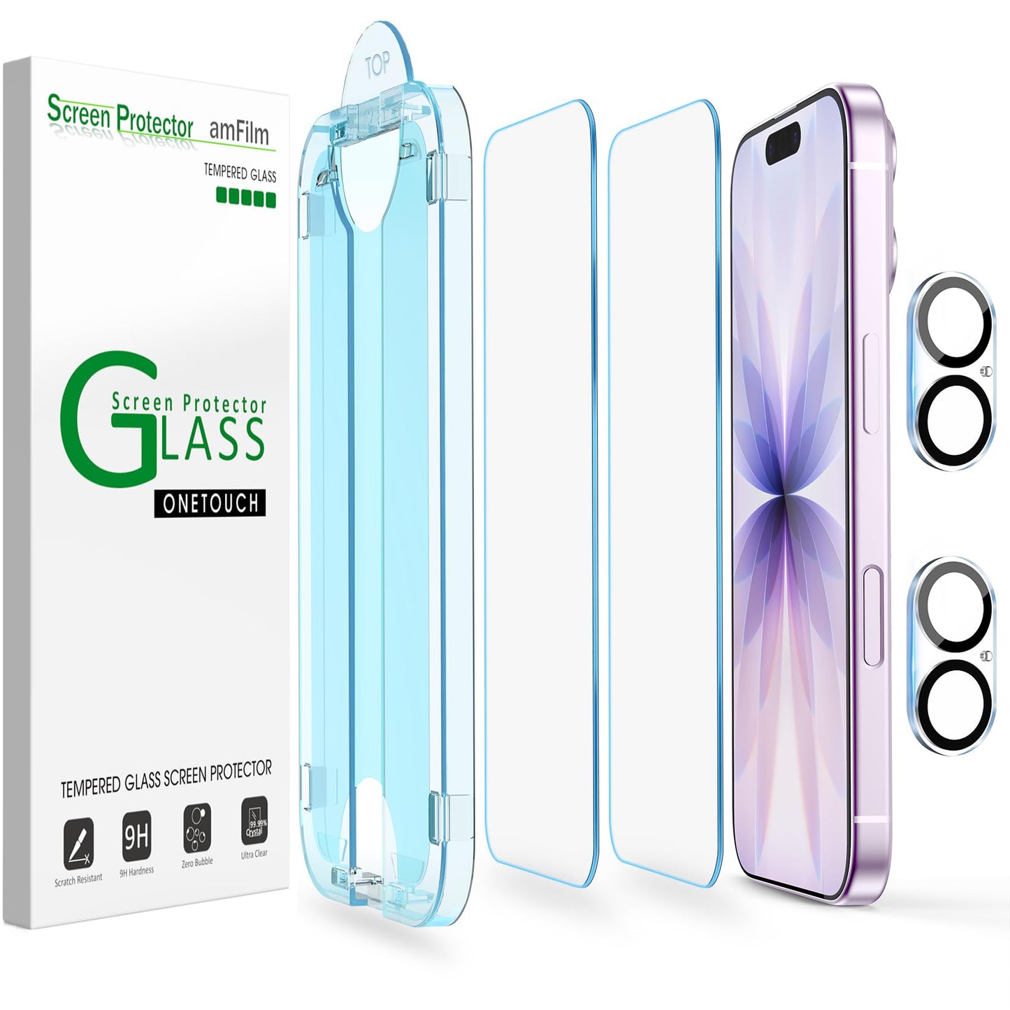 amFilm Auto-Alignment OneTouch for iPhone 16 [6.1''] Screen Protector + Camera Lens Protector, Tempered Glass, 30 seconds Installation, Bubble Free, Case Friendly, Anti-Scratch [2+2 Pack]