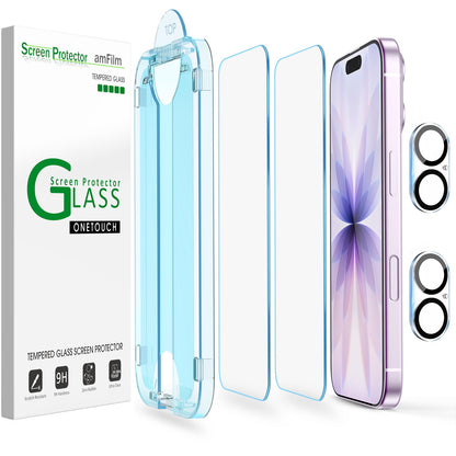 amFilm Auto-Alignment OneTouch for iPhone 16 [6.1''] Screen Protector + Camera Lens Protector, Tempered Glass, 30 seconds Installation, Bubble Free, Case Friendly, Anti-Scratch [2+2 Pack]
