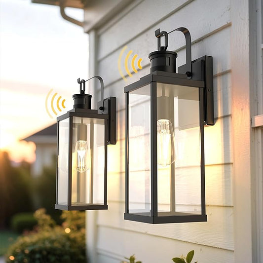 L LOHAS LED Large Size Motion Sensor Outdoor Wall Lights, 18 Inch Black Waterproof Anti-Rust Outdoor Light Fixtures Wall Mount with Clear Glass Shade for Porch, Garage, ETL Listed, 2 Pack