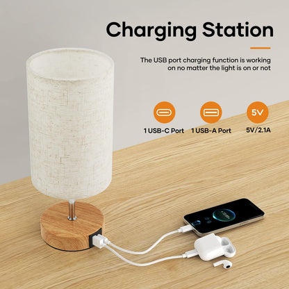 Suright Touch Control Bedside Lamps, 3-Way Dimmable Table Lamp with USB A+C Charging Ports, Touch Lamps Bedside with Linen Fabric Shade, Small Table Lamp for Bedroom Living Room (LED Bulb Included)