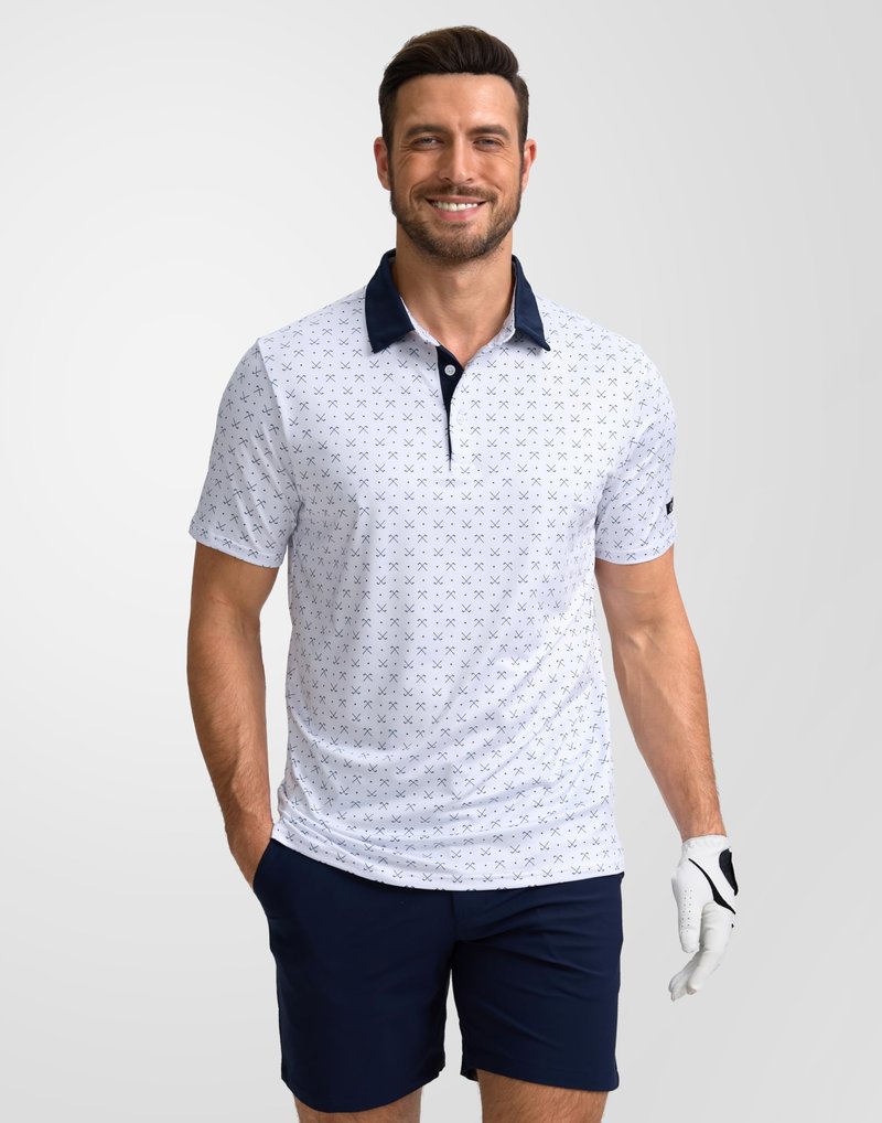 Obla Mens Golf Polo Shirts Short Sleeve Dry Fit Performance Moisture Wicking Casual Print Collared Golf Shirts for Men(White Golf Clubs_XXXL)