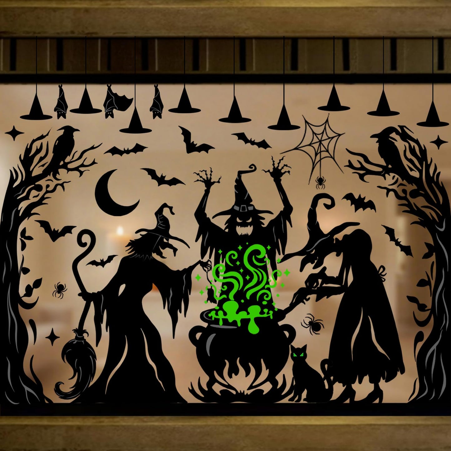 Vellibring Halloween Window Clings Decorations,Extra Large Double-Sided Reusable Decals Halloween Witches Bat Silhouette Stickers for Home Office School Glass Window Decor