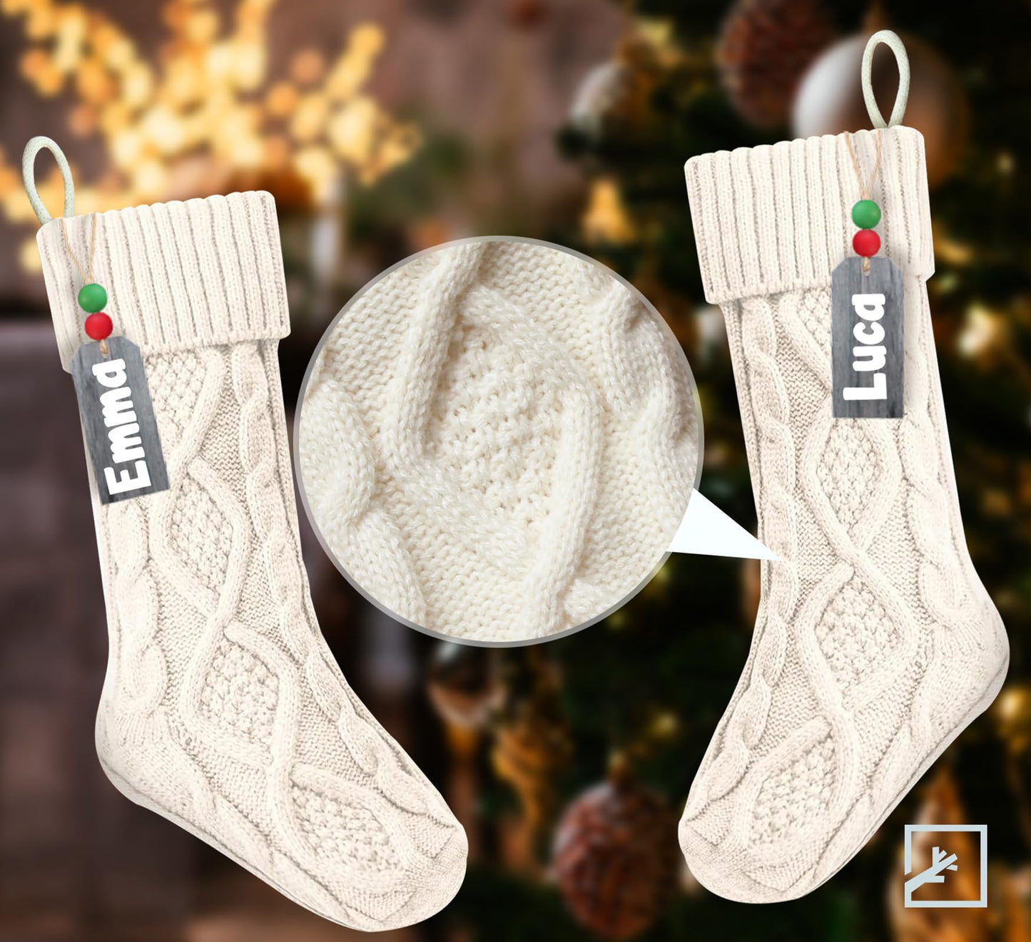 ZIFTY Personalized Christmas Stockings Bulk with Names Set of 4 18 Inches White Knitted Xmas Stockings Soft Warm Double-Sided Classic Decoration for Family Holiday Party Christmas Ornaments (Ivory)