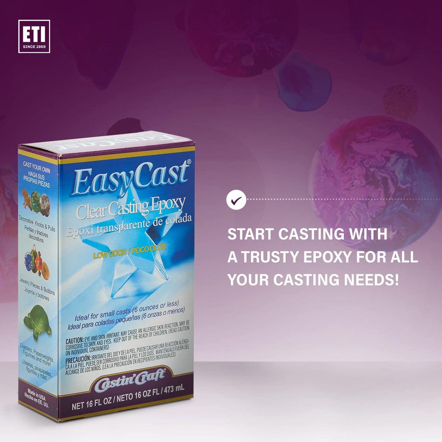 Environmental Technology EasyCast Crystal Clear Casting Epoxy Mix (2-Part Kit) For Coating of Small Arts & Crafts, Wood, Jewelry Making | Low Odor & Solvent Free | 8 oz Resin + 8oz Hardener (16 ounce)