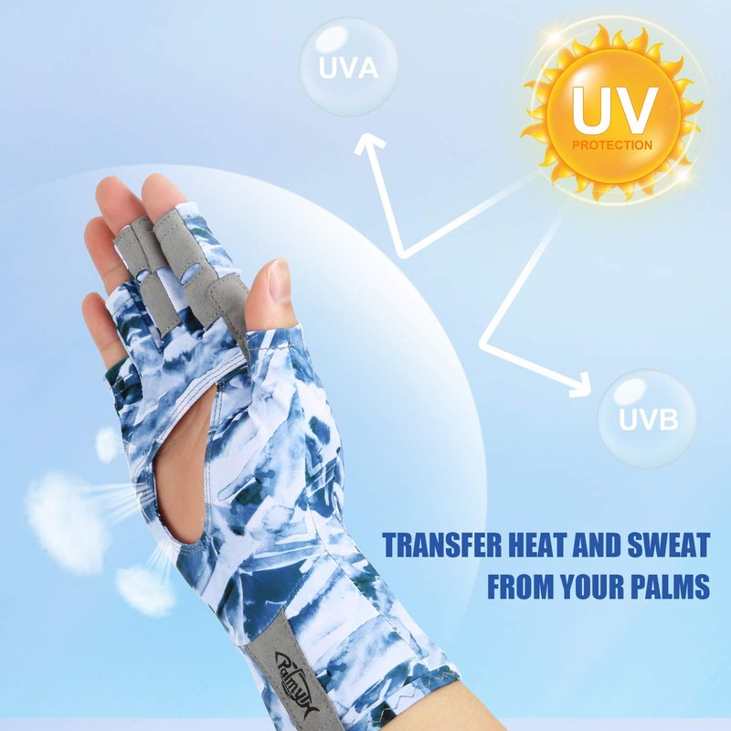 Palmyth UV Protection Fishing Fingerless Gloves UPF50+ Sun Gloves Men Women for Kayaking, Hiking, Paddling, Driving, Canoeing, Rowing (Air Mountain Sky, Medium)