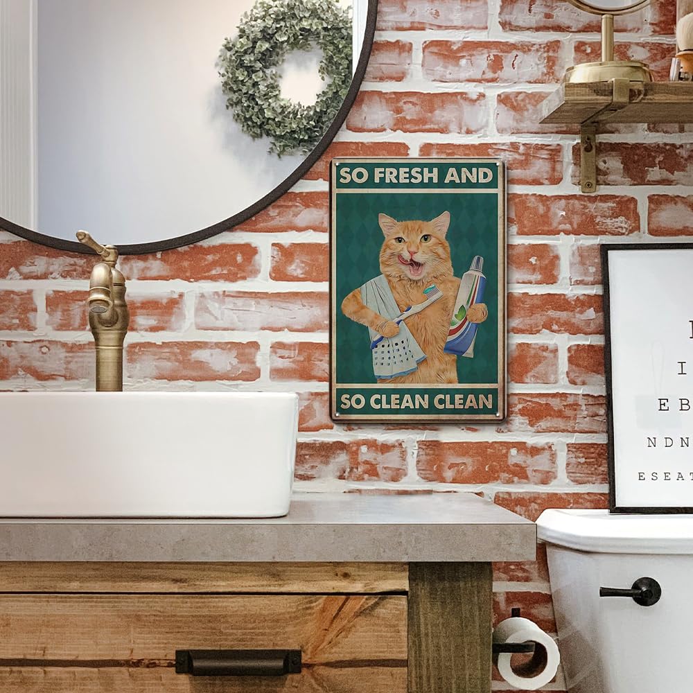 Cat Bathroom Wall Decor Cat Signs Gifts for Cat Lovers, Orange Cat Brushing Teeth And Washing Face Bathroom Decor Weird Stuff, 12x8 Inches Cat Decor Funny Bathroom Signs