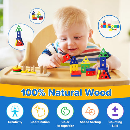 6-in-1 Baby Toys 6 to 12 Months, Montessori Toys for Babies 6-12-18 Months, Infant Teething Toy Stacking Blocks Rings Sensory Bin, Sorting Sensory Educational Learning Gift for Toddlers Aged 1-3