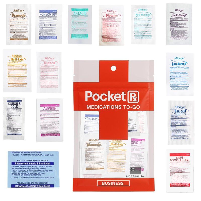 Pocket RX Business Mini Travel Medicine Kit – TSA-Approved First Aid Pouch with 14 Essential OTC Medications for Headache, Pain, Allergy, Upset Stomach & More – Compact, USA Made