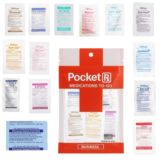 Pocket RX Business Mini Travel Medicine Kit – TSA-Approved First Aid Pouch with 14 Essential OTC Medications for Headache, Pain, Allergy, Upset Stomach & More – Compact, USA Made