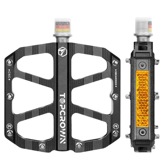 Topcrown Mountain Bike Pedals with Reflectors, Aluminum Metal Bicycle Flat Pedals 9/16" - 3 Sealed Bearings, Non-Slip Wide Platform with Removable Pins for MTB, Road Bike, BMX, Ebike (Black)