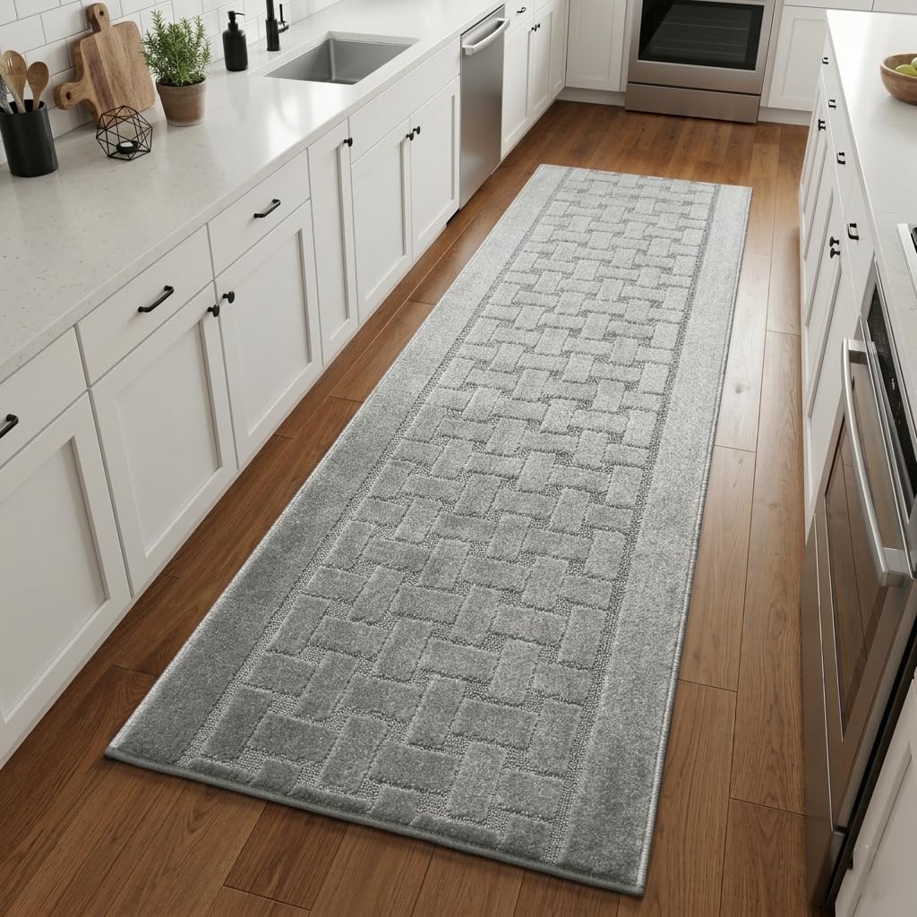 Runner Rug 12 ft, Non-Slip Washable Rug, Grey Textured Carpet for Kitchen Hallway Entryway, Rubber Backing, Indoor, Rolled in Box (26" x 12'), Custom Size Floor Runner