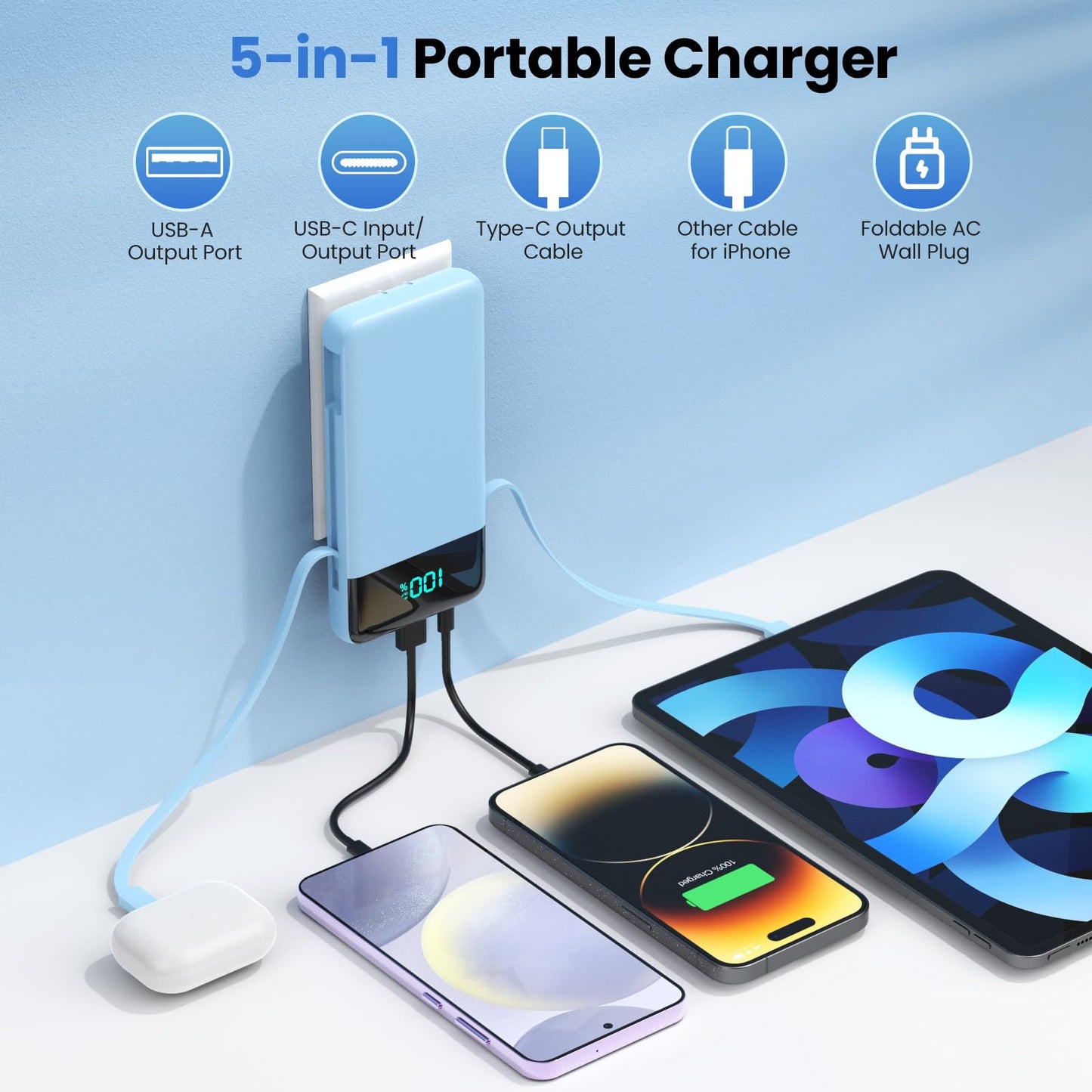 Portable Charger for iPhone with Built in Cables and Wall Plug,Upgraded 13800mAh Fast Charging USB C Power Bank,4 Outputs Travel Essential Battery Pack Compatible with iPhone 15/14/13,Samsung-Purple