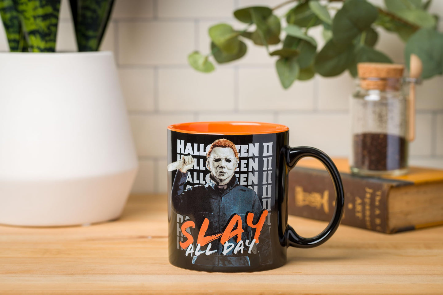 Silver Buffalo Halloween II Slay All Day Scary Ceramic Mug with Sculpted Handle, 20 Ounces