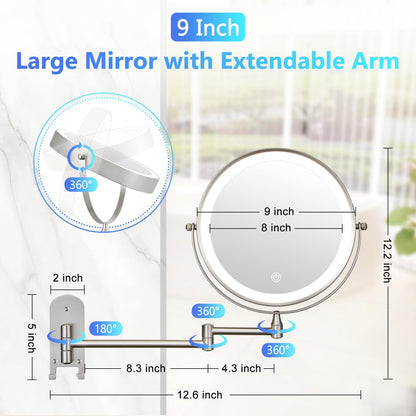 ALHAKIN 9" Wall Mounted Lighted Makeup Mirror, Large Rechargeable 1X/10X Magnifying Mirror with 3 Color Lights Dimmable, 360° Rotation, Nickel