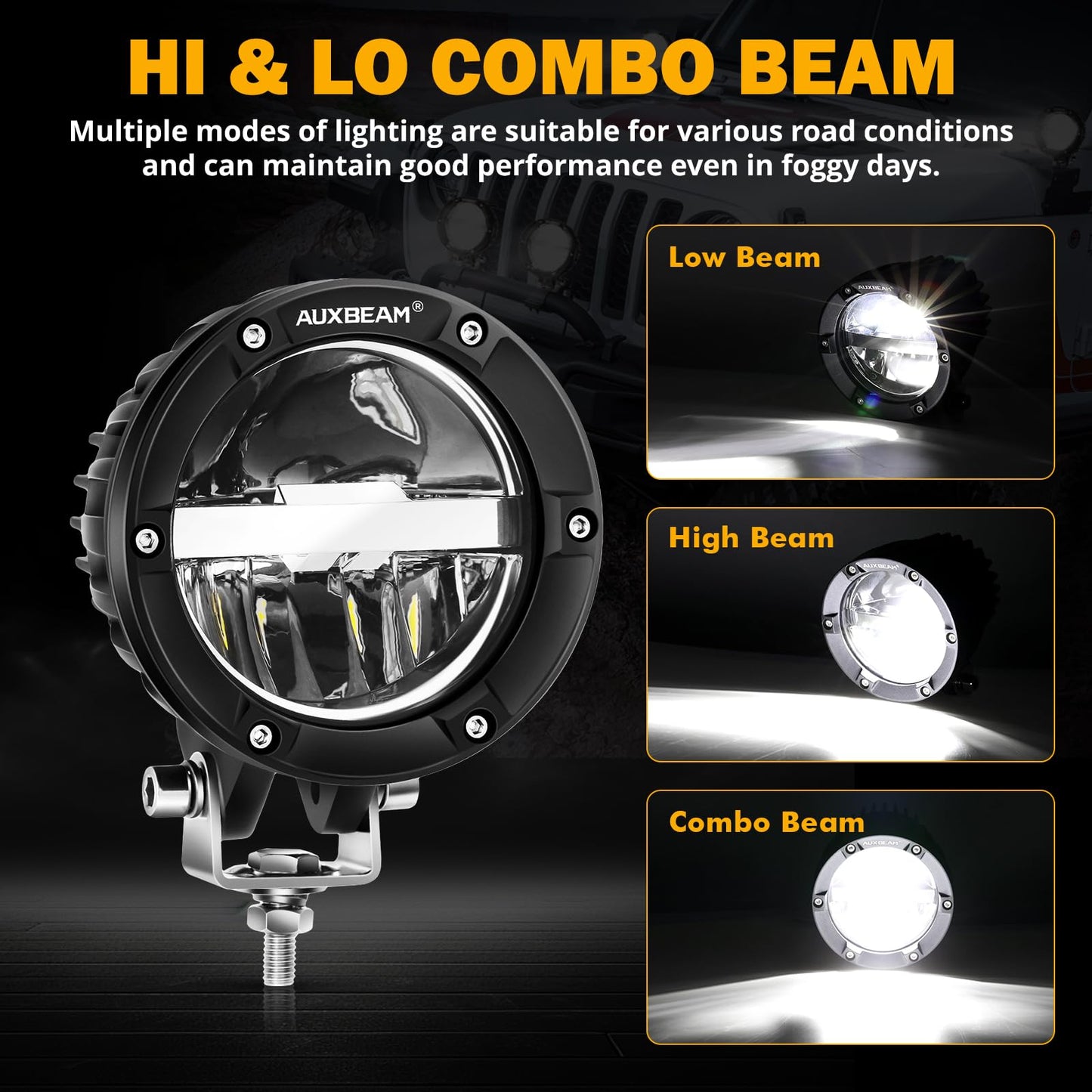 Auxbeam 4 Inch 100W Round Offroad Lights, LED Driving Light Pods with Hi/Lo/Combo Beam Design, 10000LM Super Bright Work Fog Light with Wiring Harness for Truck Pickup SUV ATV UTV 4x4