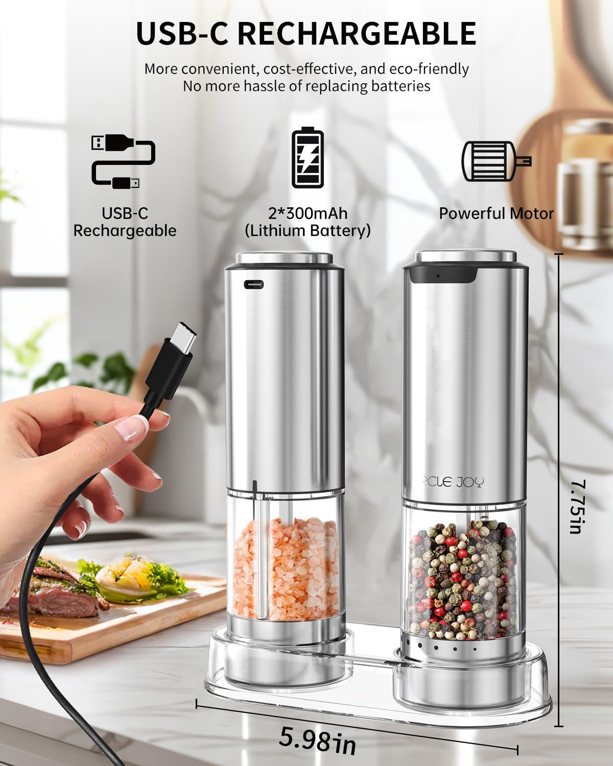 CIRCLE JOY Rechargeable Electric Salt and Pepper Grinder Set with Base, Stainless Steel Pepper Mills with Washable 95ml Container, White LED Light and External Adjustable Coarseness, Silver