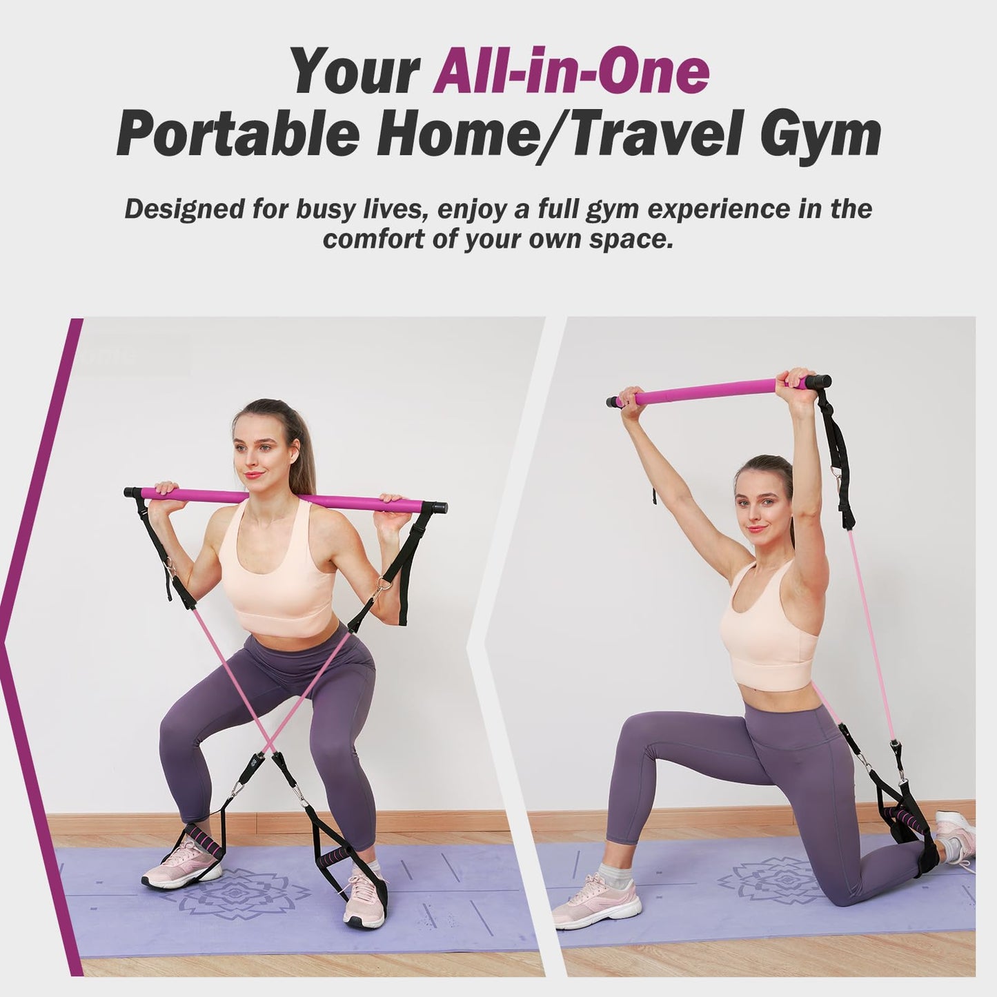 ALongSong Pilates Bar Set With 4 Latex Elastic Resistance Bands 30lb 40lb, Timer, 3 Section Pilates Bar Portable Home Workout Fitness For Yoga, Stretching, Sculpting, Twisting, Squat