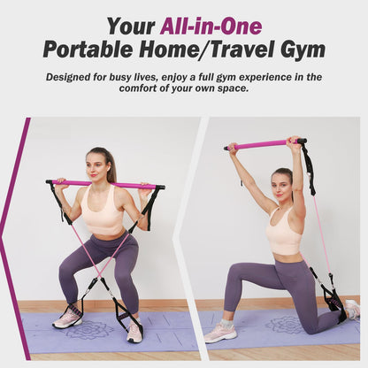 ALongSong Pilates Bar Set With 4 Latex Elastic Resistance Bands 30lb 40lb, Timer, 3 Section Pilates Bar Portable Home Workout Fitness For Yoga, Stretching, Sculpting, Twisting, Squat