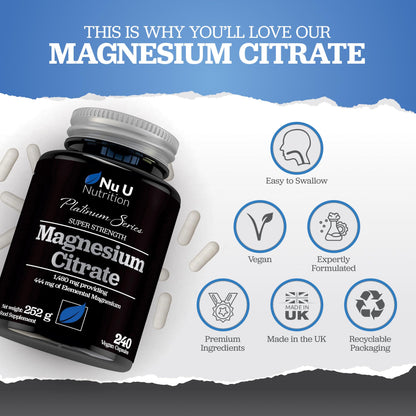 Magnesium Citrate 1480mg - 240 Vegan Capsules - 4 Month Supply - Providing 444mg Elemental Mag - Capsules not Tablets - High Strength Supplement - Made in The UK - Nu U Nutrition