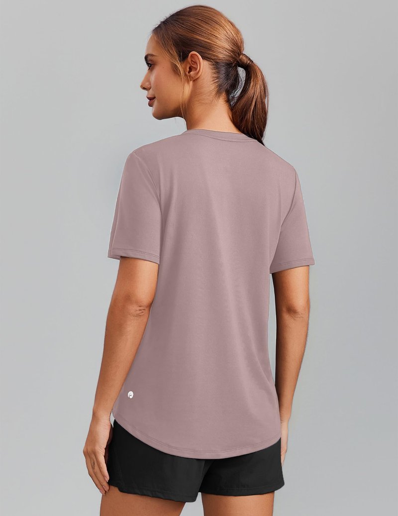 PINSPARK UV Protection Shirts for Women Short Sleeve V Neck UPF 50+ Sun Tops Moisture Wicking Hiking Running Athletic T-Shirts,Warm Tan Small
