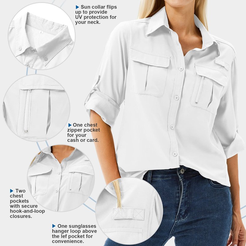 Toumett Women's UPF 50 Long Sleeve UV Sun Protection Safari Shirts Outdoor Quick Dry Fishing Hiking Travel Shirts(White01,M,5071)