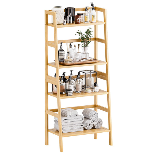 HITNET Ladder Shelf, 4-Tier Bookshelf, Bamboo Leaning Bookcase, Display Storage Rack Organizer, Freestanding Flower Plant Stand for Living Room, Home Office, Kitchen, Natural