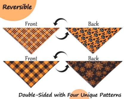 2PCS Fall Dog Bandanas,Halloween Dog Bandanas,One Side Orange Plaid,The Other Side Pumpkin or Spider Web Bibs,Holiday Pet Scarf for Boy and Girl Dogs,Thanksgiving Pet Outfit for Medium to Large Dogs