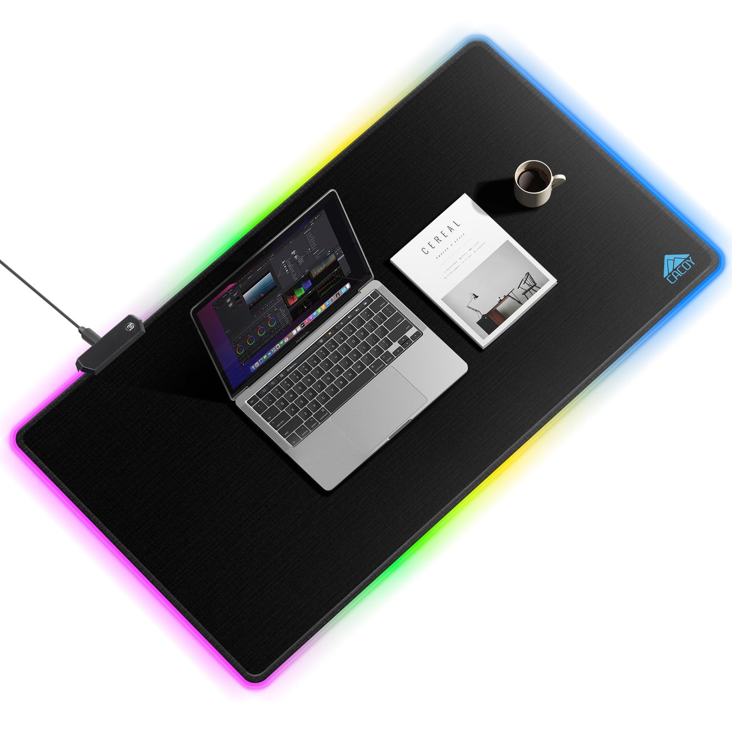 Cacoy 40" x 20" RGB Mouse Pad XXL, Extended Desk Mat with Smooth Surface and 9 Lighting Effects, LED Lighting Desk Pad with Stitched Edges and Non-Slip Rubber Base, Gaming Computer Mouse Mat, Black